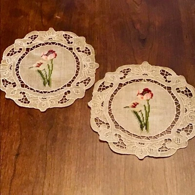 Pair Of Matching Needlepoint Doilys Tulip Pattern - Image 1 of 4
