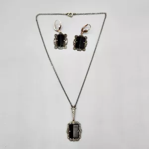 Orecchini a leva Art Deco argento sterling onice marcasite lavalier collana - Foto 1 di 12