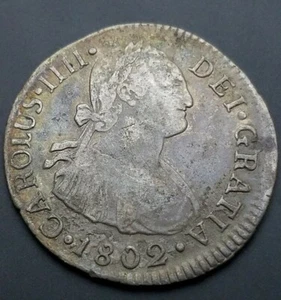 Perú IJ 1802 Rey Carlos III Plata Molida Colonia 2 Reales Colonia Plata Moneda $ - Imagen 1 de 11