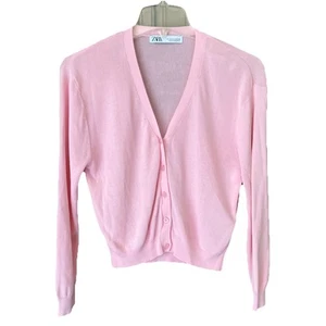 Zara Damen V-Ausschnitt Strick Cardigan Knopfleiste Cropped Viskose Pullover Rosa Kastig M - Bild 1 von 10