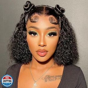 Lockige Bob Perücke Echthaar 200 Dichte 13x4 HD Lace Frontal Deep Wave Perücken für  - Bild 1 von 5