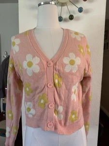 Cat & Jack Girl’s XL Pink Yellow White Daisies Cardigan Sweater Flower Power - Picture 1 of 5