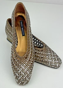 Sesto Meucci Woven Metallic Gold Silver Leather Sole 1" Heel 7 Slip On NEW Spain - Picture 1 of 13