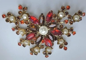 GROSSE VINTAGE JUDY LEE MCM BROSCHE ROT UND BERNSTEIN STRASS PERLEN BLUME - Bild 1 von 8