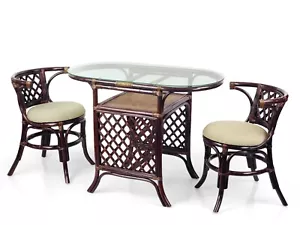 Dining Borneo Set of Oval Table w/Glass Top 2 Chairs Natural Rattan, Dark Brown - Picture 1 of 6