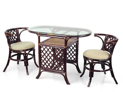 Dining Borneo Set of Oval Table w/Glass Top 2 Chairs Natural Rattan, Dark Brown - Image 1 of 4