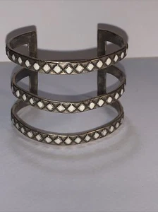 Lucky Brand White Diamond Shape Enamel On 3 Rows Of Gold Tone Wide Cuff Bracelet - Picture 1 of 4
