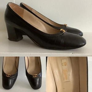 Vintage 1970's GUCCI Black Leather Heels with Gold Metal GG SZ 6 1/2 Sold ASIS - Picture 1 of 11