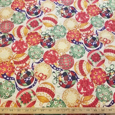 Vtg Christmas Ball Ornament Patch Bright Multicolored 100% Cotton Fabric Bt Yard - Image 1 of 4
