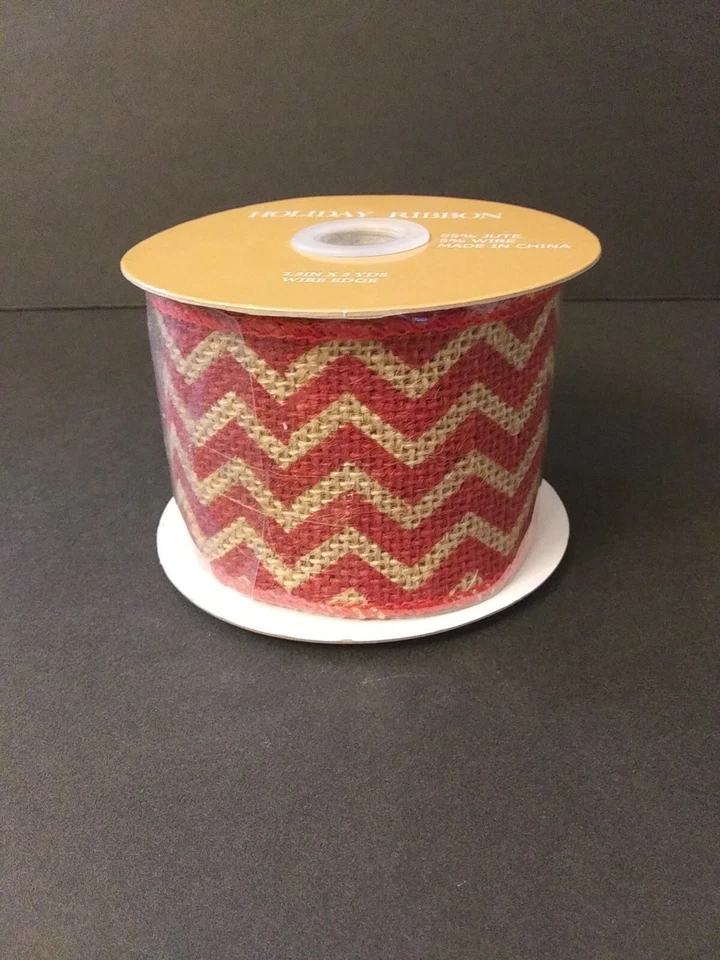 NEW RED Chevron Burlap Ribbon 1.5"x9 FT Farmhouse Holiday Floral Wreath Bow Wire - Image 1 of 4