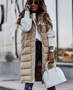 Daunen Mantel Stepp Ärmellos Weste Lang Übergang Damen Neu Beige Khaki S - Bild 1 von 2