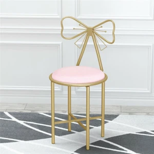 Pink/White Padded Dressing Table Stool Dining Side Chair w/ Geometric Gold Legs - Picture 1 of 17