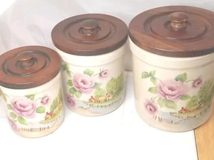 Vintage 1978 "Earlene" 3er Set Eisenstein Kanister Frühlingsrosen signiert Landhaus Hütte - Bild 1 von 21