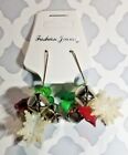 Holiday Christmas Earrings  3-D Snowflake +Jingle Bells + Beads Dangle  Pierced