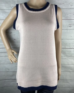 Marisa Christina Sleeveless Sweater Medium Pale Pink Navy Blue Trim Knit Top - Picture 1 of 12