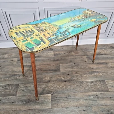 Vintage Mid Century Italian Coffee Table – Glass Top Venice Scene - Side Console - Image 1 of 4