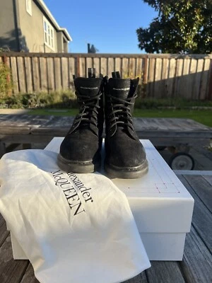 Authentic Designer Alexander McQueen Croc Print Suede Combat Boot Black EU 39 - Image 1 of 4