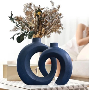 Blue Donut Vase Set - Ceramic Vases Home Decor, Modern Coastal Decorative Vase, - Picture 1 of 12