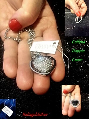 Collana Donna Argento SWAROVSKI ORIGINALI DOPPIO CUORE Gioielli Cristalli oro  - Immagine 1 di 4