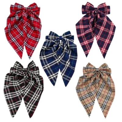 Handmade Oversized Tartan Bow With Tails French Barrette Slide Clip Large - Image 1 of 3