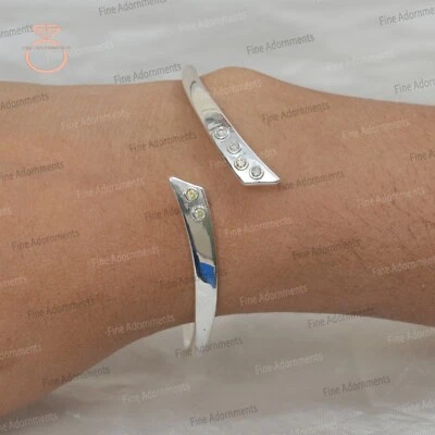 Natural Pave Diamond 925 Starling Silver Cuff Bangle Handmade Stackable Jewelry - Image 1 of 4