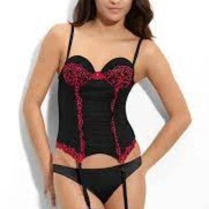 In Bloom Jonquil 'Merry Widow' black red sheer lace bustier with garter 34c NWT - Picture 1 of 11