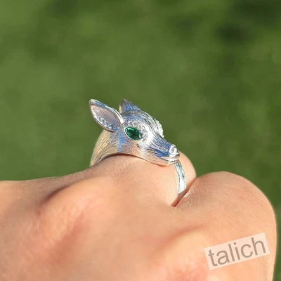 Anillo envolvente ajustable boho único plata esterlina 925 ojos circonita verde cervatillo ciervo Foto 1 de 4