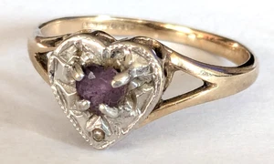 Vintage hallmarked 9ct gold, amethyst & diamond heart face ring  size L/M 1.6gms - Picture 1 of 8