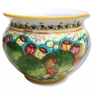 Cachepot Vaso per piante in ceramica Caltagirone, decoro pala di ficodindia, con - Picture 1 of 26