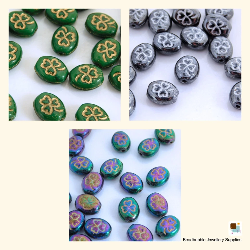 10mm Czech Glass Shamrock Oval Pressed Clover Leaf Beads Green Purple Hematite - Image 1 of 1