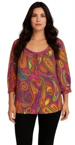 Trina Turk LARGE Tropical 100% Silk Blouse Top Groovy Mod Art Colorful - Picture 1 of 15