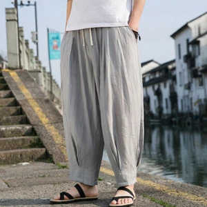 Herren Gummibund Hose Leinen Mischung Plissiert Rüschen Kung Fu Konisch Lange - Picture 1 of 18