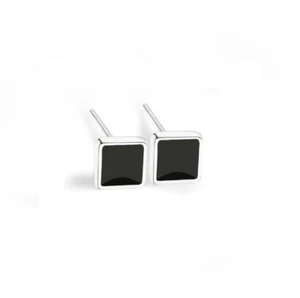 Woman Man Silver SP Unisex Punk Onyx Black Square Stud Earring - Picture 1 of 1