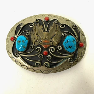 VTG Harley Davidson Belt Buckle Baron Turquoise Coral Eagle Logo RARE - Picture 1 of 2