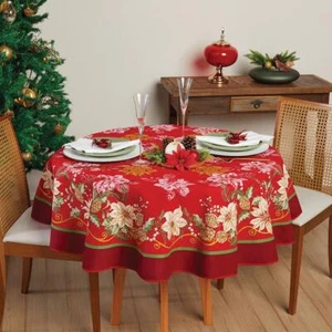 Tovaglia natalizia stampata con Poinsettie rosa e dettagli oro - Foto 1 di 3