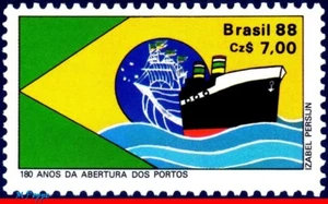 2126 BRAZIL 1988 OPENING OF PORTS TO SHIPS, 180th ANNIV., FLAG, MI# 2243, MNH - Picture 1 of 2