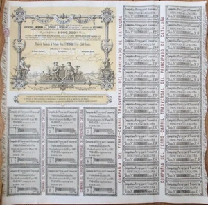 Cataluna, Spain 1883 Railroad Stock Bond Certificate, Ferro Carril Trasversal - Picture 1 of 2