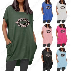 LADIES OVERSIZED LEOPARD LIPS PRINT SLOUCH FIT TOP WOMEN LOUNGE PLUS SIZE TSHIRT - Picture 1 of 17