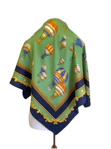 AS8# Vintage Seide Heißluftballon Schal Tuch Halstuch grün marine gold Print - Bild 1 von 4