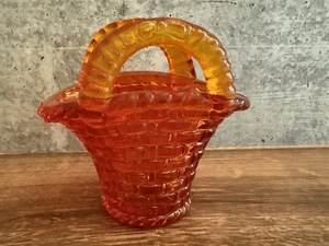 Vintage Small Amberina Glass Basket Two Handles Basketweave Pattern - Picture 1 of 2