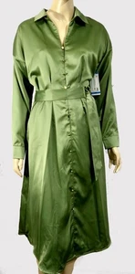 French Connection Olive Green Belted Long Satin Shirt Dress NWT L - Picture 1 of 6