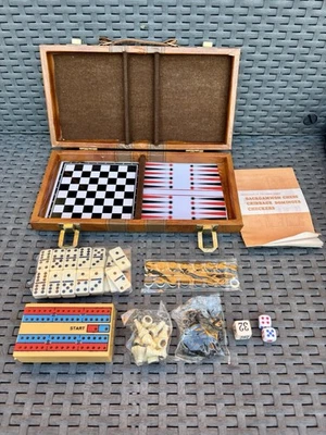 Vintage Backgammon Dominos Chess Cribbage Set Faux Leather Travel Case Complete - Image 1 of 4