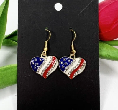 Handmade patriotic USA flag heart rhinestone enamel earrings jewelry - Image 1 of 4