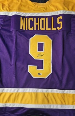 Camiseta deportiva de hockey púrpura personalizada autografiada por Bernie Nicholls de Los Ángeles - BAS Foto 1 de 4