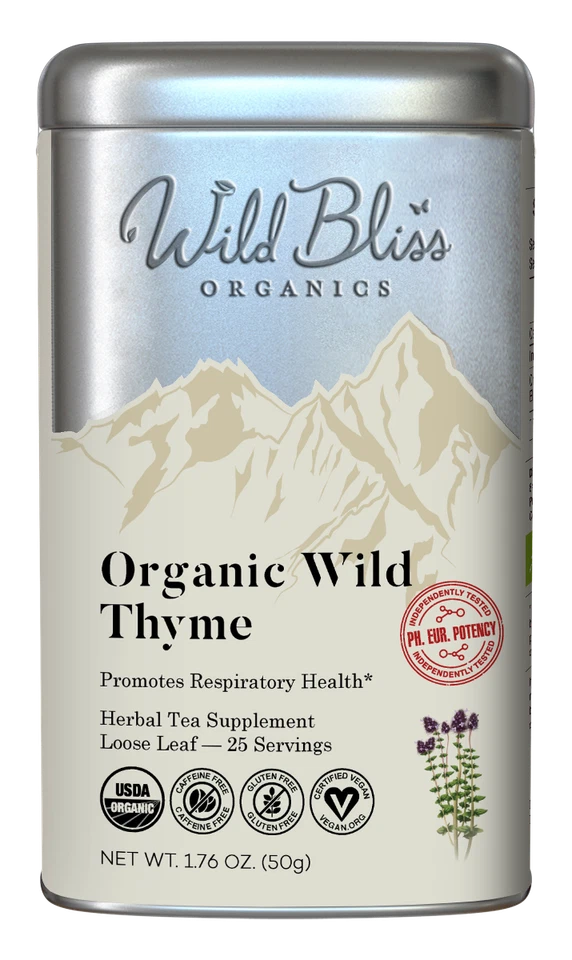 WILD BLISS Organic Wild Thyme Tea - Caffeine Free Herbal Tea - Pharmacopoeia Potency