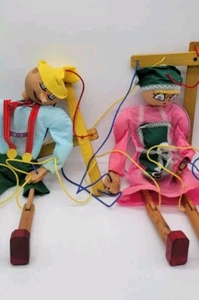Vintage Fish River Crafts Pinocchio & Maiden Wooden Marionette Puppet Set of 2 - Picture 1 of 24