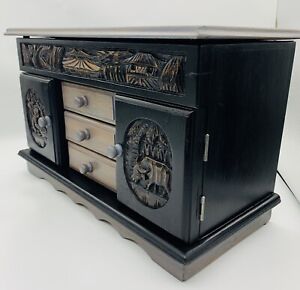 OLD Hand-crafted Wooden￼￼ Jewelry Box￼ ￼Carved Folk Art￼ Cabinet￼ Black & Gray.!