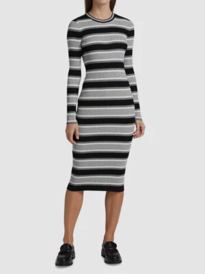 $445 Theory Women's Gray Wool Striped-Knit Crewneck Midi Sweater Dress Size M - Image 1 of 4