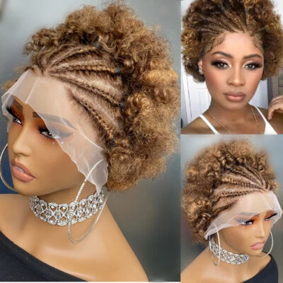 Pelucas rizadas afro 4/30# pelucas de cabello humano con trenzas peluca frontal de encaje 13×4 Foto 1 de 4