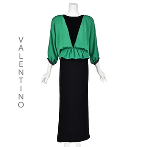 VALENTINO Vintage Green & Black Silk Faille & Velvet Long Evening Gown SZ 12 - Picture 1 of 8
